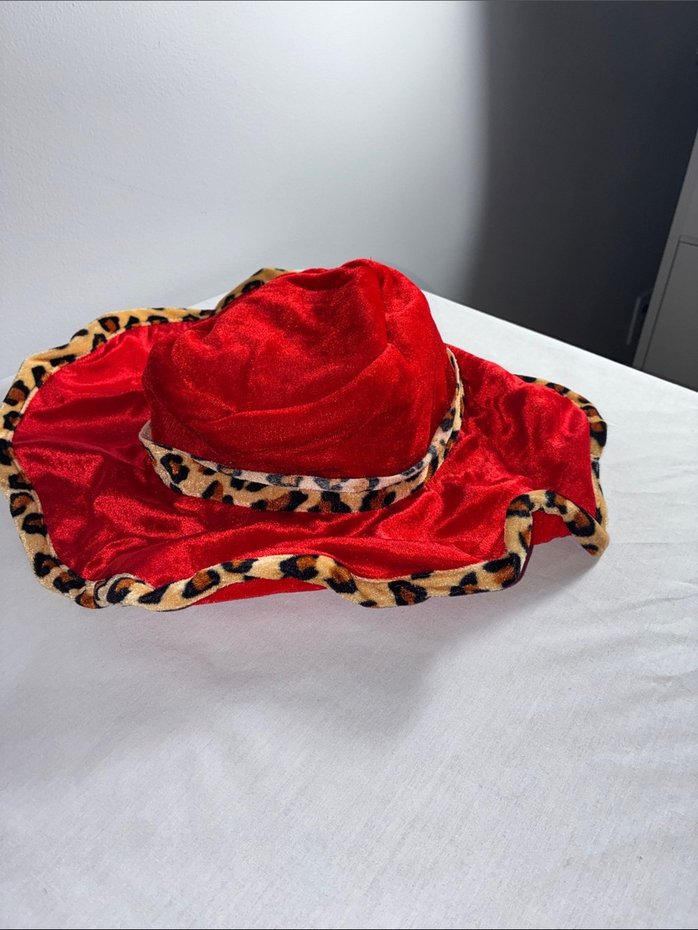 Red Velvet Pimp Hat Leopard Trim 70s Disco Halloween Costume Adult